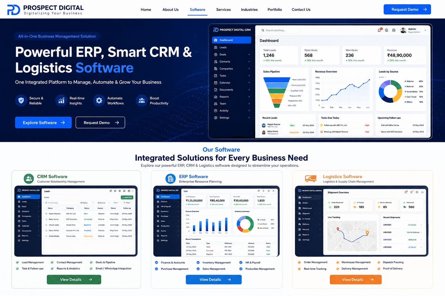 Prospect Digital ERP CRM and Logistics software suite interface overview